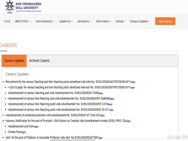Shri Vishwakarma Skill University (SVSU) Online for Skill Assistant Professor Posts 2020