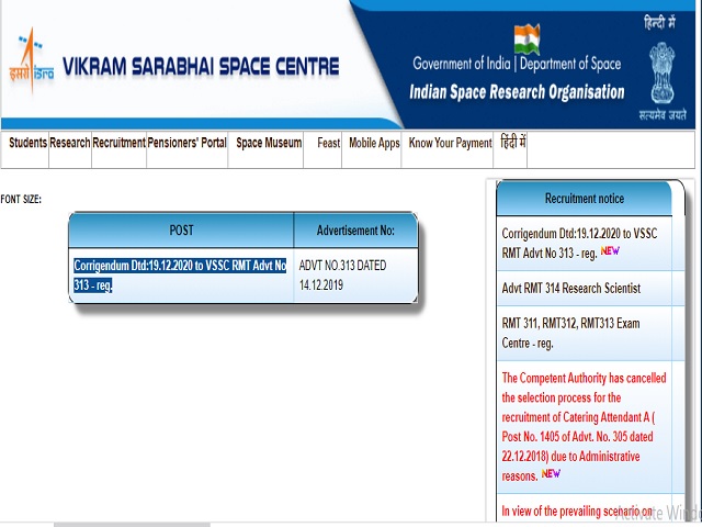 ISRO -Vikram Sarabhai Space Centre (VSSC) Online for Scientist/Engineer and Medical Officer Posts 2021