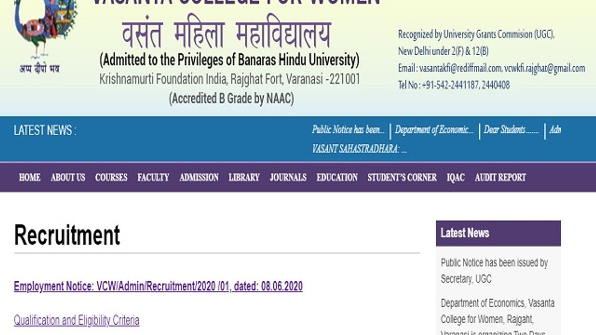 Vasanta College for Women Recruitment 2020: Apply for Teaching and Non Teaching Posts