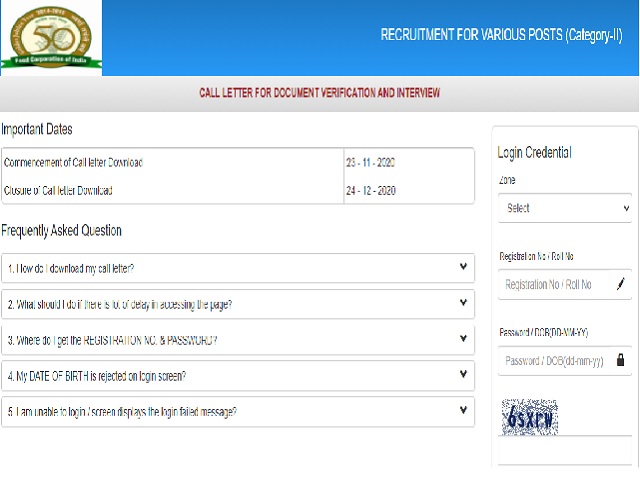 FCI Manager Interview & DV Admit Card 2020