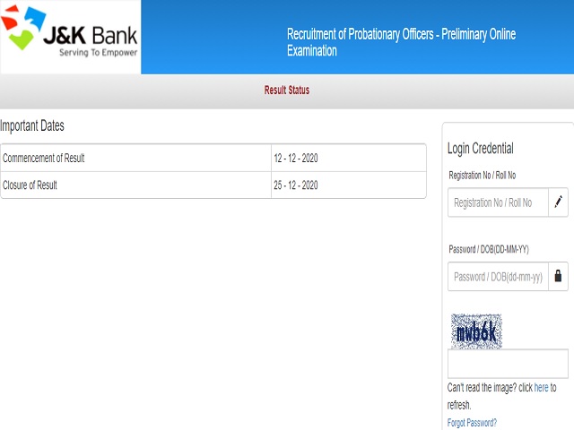 JK Bank PO Prelims Result 2020