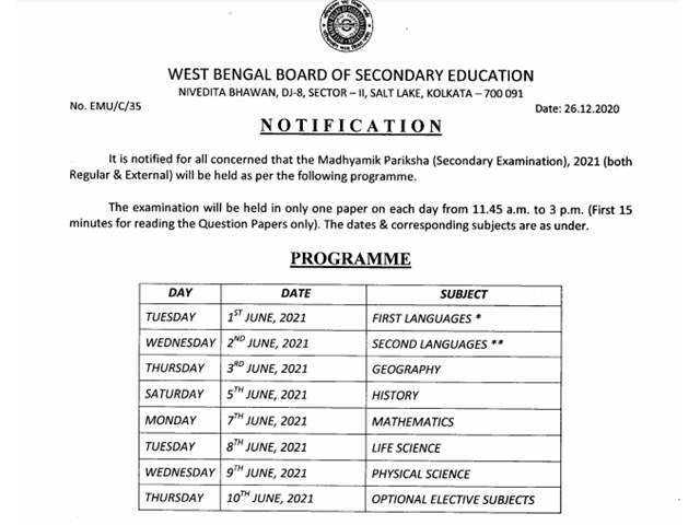 WB Madhyamik Exam 2021 Date Sheet Released, WBBSE to ...