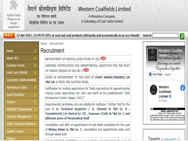 WCL Recruitment 2021: Apply Sr. Medical Specialist, Medical Specialist and Sr. Medical Officer Posts