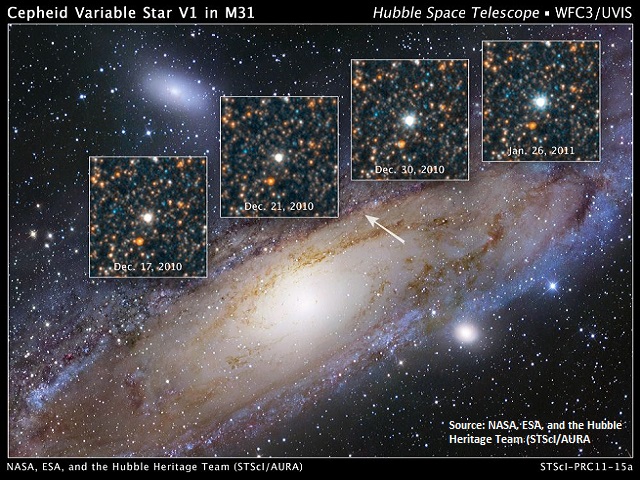 Views of a Cepheid star over the years. These flickering stars help in producing measurements of the Hubble constant