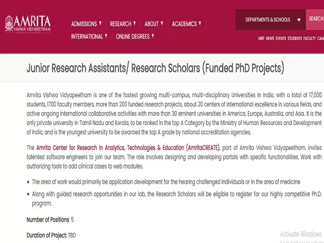 Amrita Vishwa Vidyapeetham Recruitment 2021: Apply JRA/Research Scholars Posts