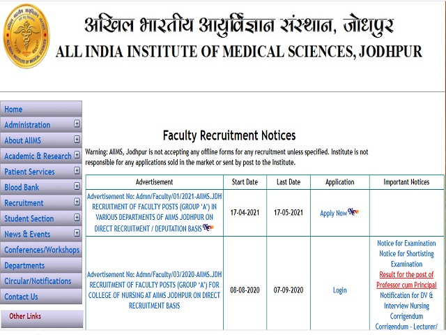 AIIMS Jodhpur Recruitment 2021 Apply Online for 86 Group A Posts