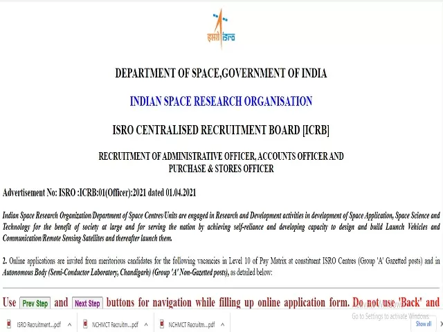 ISRO Recruitment 2021: Apply Purchase & Stores Officer, Administrative Officer and Accountant Officer Posts
