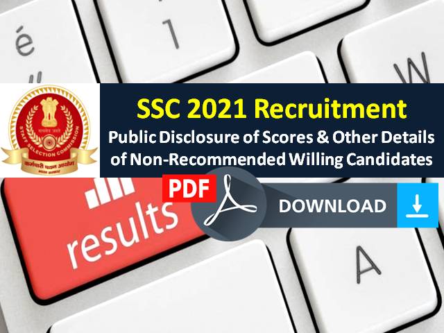 SSC Recruitment Exam Result 2021 Latest Update: Public Disclosure of Scores & Other Details of Non-Recommended Willing Candidates (Download PDF)