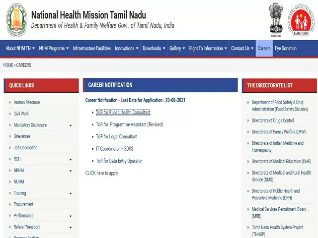 NHM Tamil Nadu Recruitment 2021: Apply Consultant, DEO and Other Posts