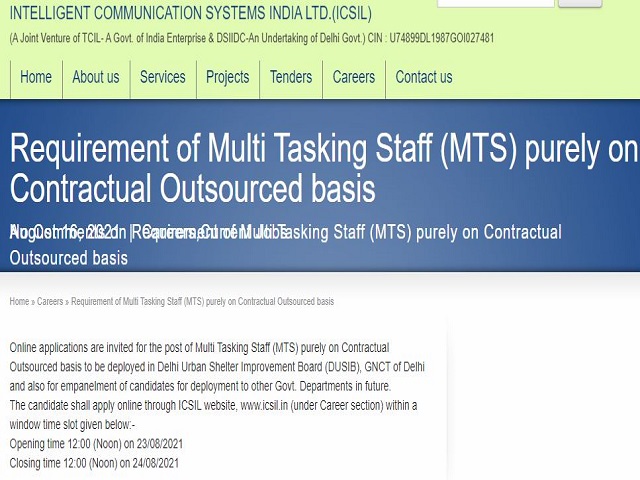 ICSIL Recruitment 2021 for 50 MTS Posts in DUSIB Delhi, Apply Online @icsil.in, 10th Pass Eligible
