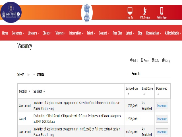 Prasar Bharti Recruitment 2021 Notification Released for Consultants, Application Form @prasarbharati.gov.in