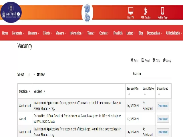 Prasar Bharti Recruitment 2021