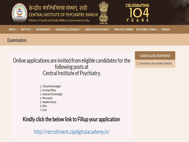 CIP Ranchi Recruitment 2021: Apply Clinical Psychologist, Nursing Officer & Other Posts