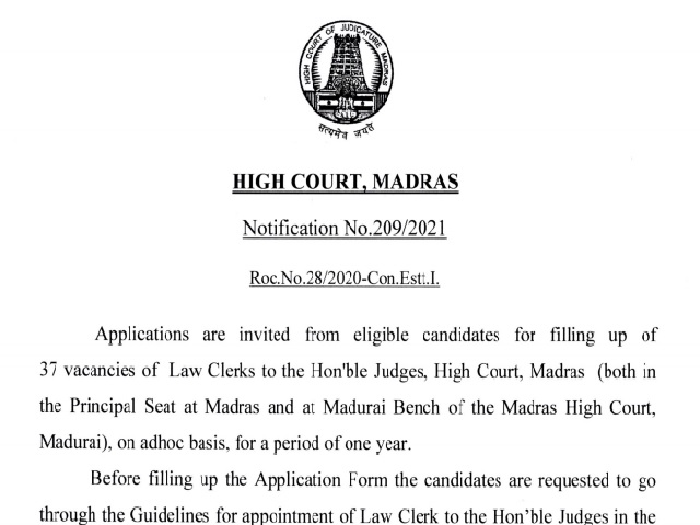   Madras High Court Recruitment 2021 for Law Clerk Posts, 37 Vacancies Notified, Apply @hcmadras.tn.nic.in