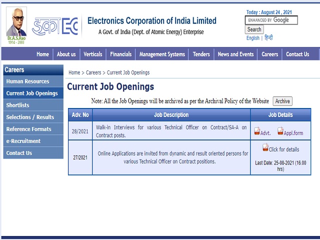 ECIL Technical Officers, Scientific Asst and Junior Artisan Posts