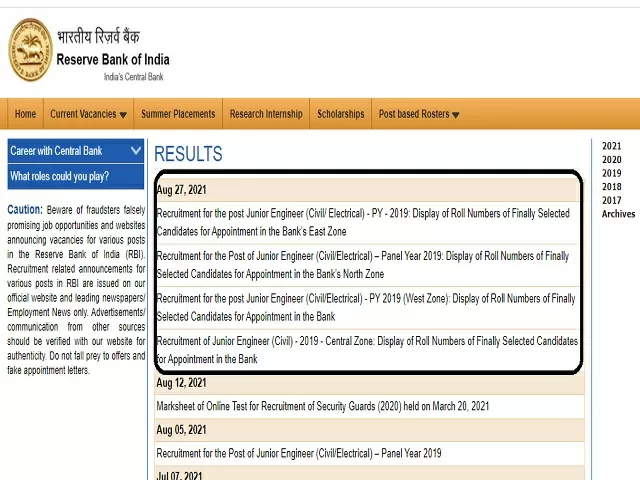 RBI JE 2021 Result 