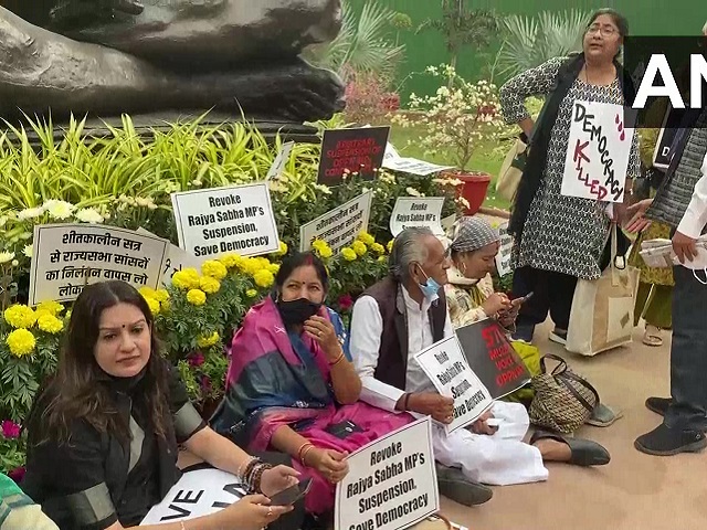 12 suspended Rajya Sabha MPs protest 