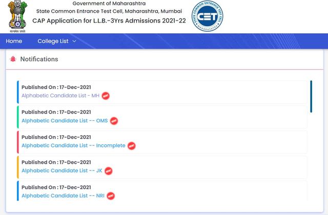MHT CET 3-Year LLB Counselling List