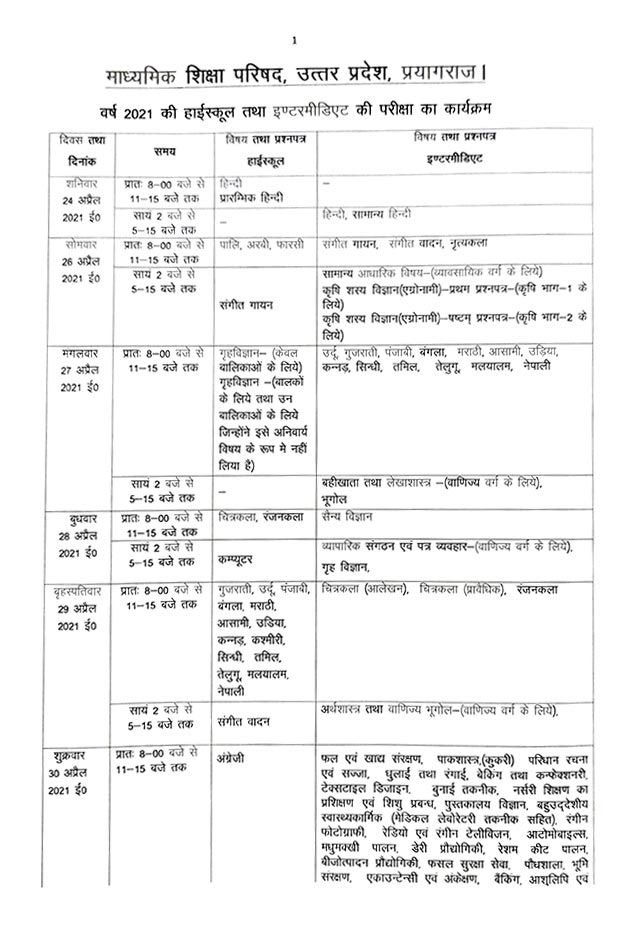 UP Board Time Table 2021 PDF Released upmsp edu in 10th High UP Board Time Table 2021 PDF Released upmsp edu in 10th High