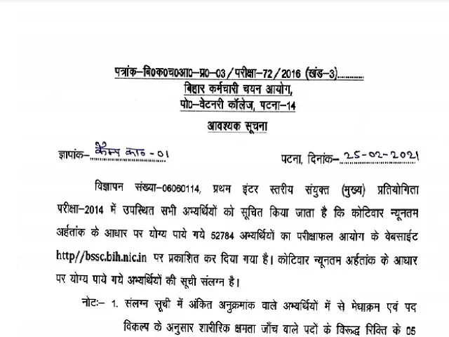 BSSC Mains Inter Level 2014 Result 2021