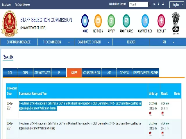 SSC CPO SI 2018 DME Result 2021