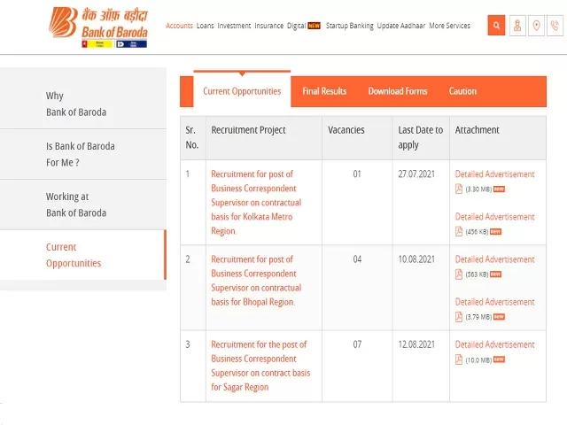 Bank of Baroda (BOB) Recruitment 2021: Apply Business Correspondent Supervisor Posts