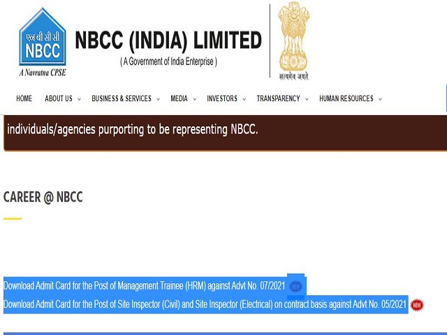 NBCC Admit Card 2021 for Site Inspector and MT Out @nbccindia.com, Check Download Link Here
