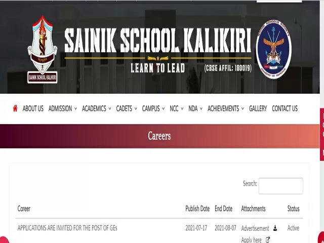Sainik School Kalikiri Recruitment 2021: Apply TGT, LDC and MTS Posts