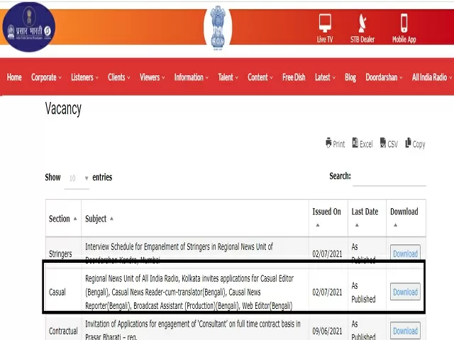 Prasar Bharti Recruitment 2021
