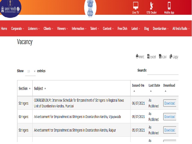 Prasar Bharti Recruitment 2021 for Stringer Posts in Doordarshan Kendra: Apply Offline before 5 August