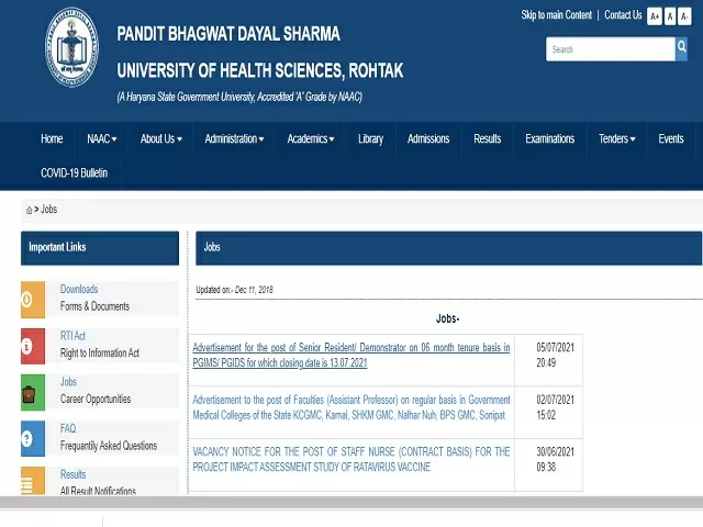Pt BD Sharma University of Health Sciences Recruitment 2021: Apply Senior Resident/Demonstrator Posts