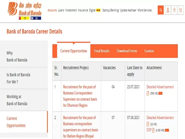 Bank of Baroda (BOB) Recruitment 2021: Apply Business Correspondent Supervisor Posts before 23 July