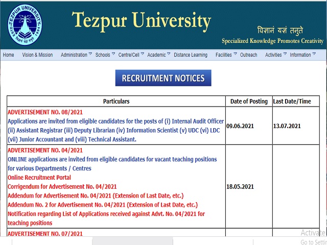 Tezpur University Recruitment 2021 Out: Apply Online for 16 Dy Librarian, Asst Registrar, UDC, LDC, Other Posts before 13 July