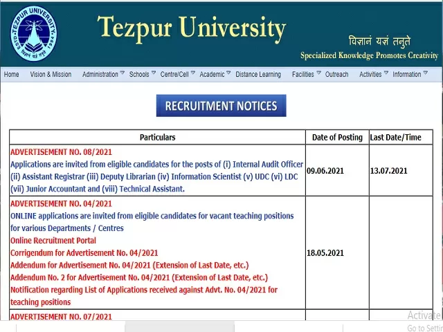 Tezpur University Recruitment 2021: Apply 16 UDC, LDC and Other Posts