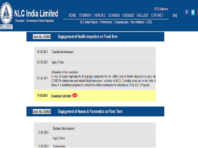 NLC Health Inspector Admit Card 2021 Released @nlcindia.in, Check NLC Call Letter Download Link Here