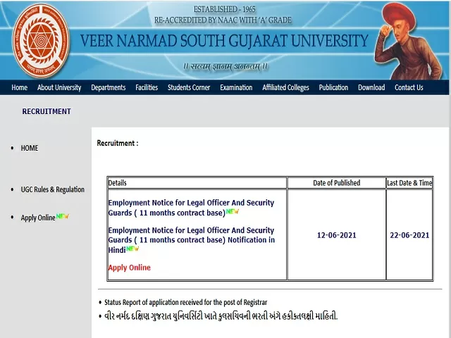 VNSGU Recruitment 2021: Apply Legal Officer and Security Guard Posts