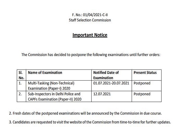 SSC MTS Exam 2021 Postponed, Official Notice for Multi Tasking Staff Paper 1 Released @ssc.nic.in