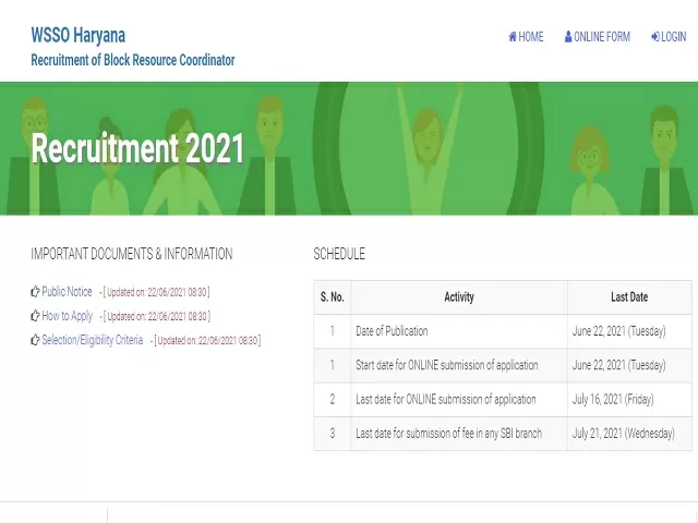 WSSO Haryana Recruitment 2021: Apply Block Resource Coordinator Posts