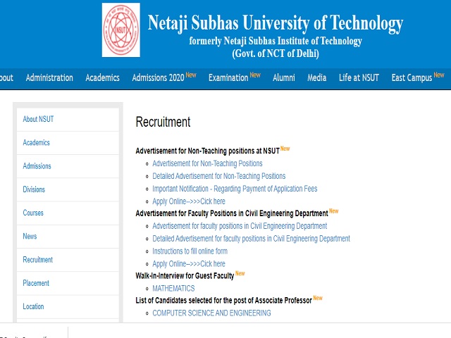 NSUT Faculty Recruitment 2021: Apply Online for 25 Group A (Assistant Professor, Associate Professor, Professor) Posts