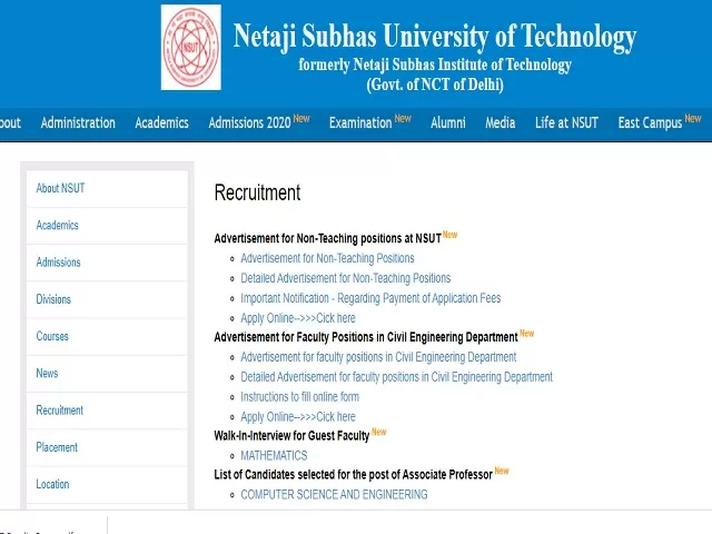 NSUT Recruitment 2021: Apply Non Teaching Posts