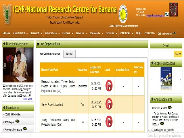 ICAR- NRCB Recruitment 2021: Apply Research Asst, Senior Project Asst & Junior Project Asst Posts