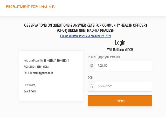 SAMS NHM MP CHO Answer Key 2021 Out: Submit Observation/ Query @sams.co.in