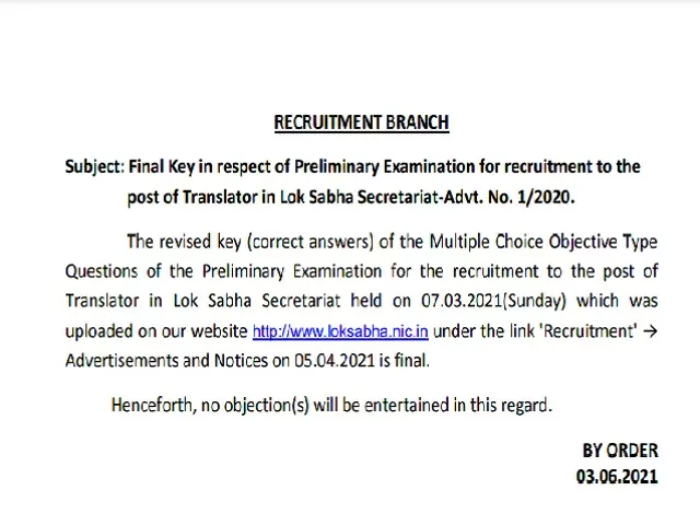 Lok Sabha Secretariat Translator 2021 Final Key