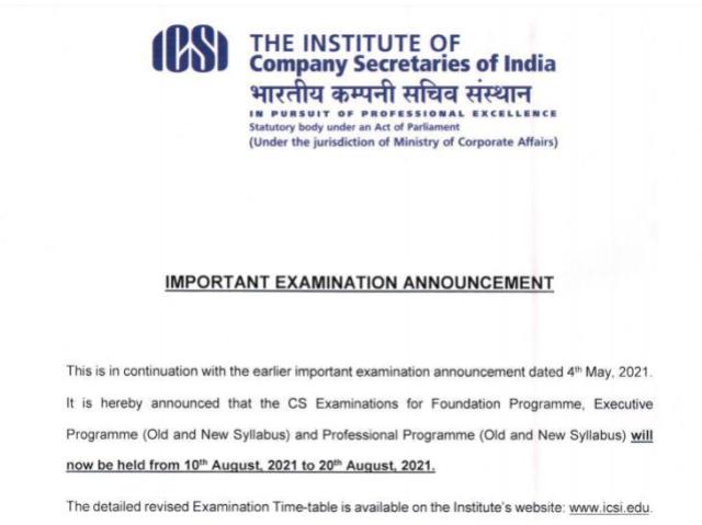 ICSI CS Exam Dates 2021 Announced, Check Revised Schedule At Icsi.edu ...