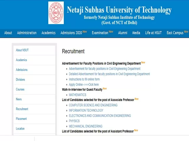 NSUT Recruitment 2021: Apply Professor, Associate Professor and Assistant Professor Posts