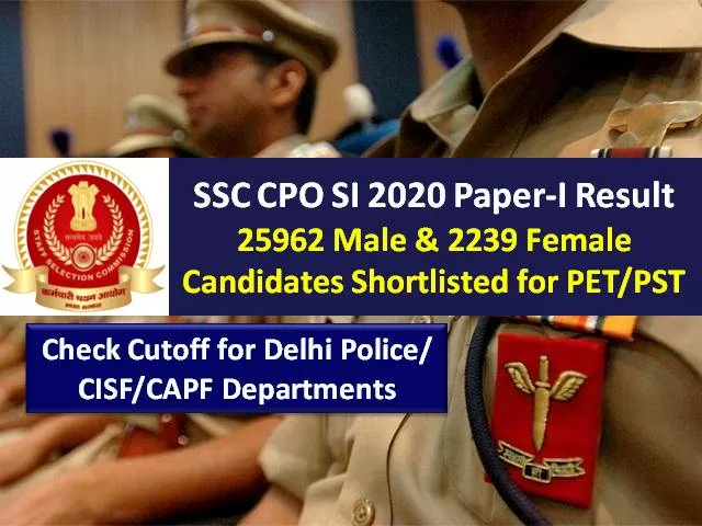 SSC CPO SI Delhi Police/CAPF Sub-Inspector 2020 Paper-I Result (Final Answer Key Released): 25962 Male/2239 Female Candidates Shortlisted for PET/PST (Download PDF), Check Cutoff Marks