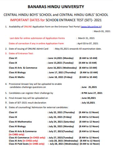 BHU SET Schedule