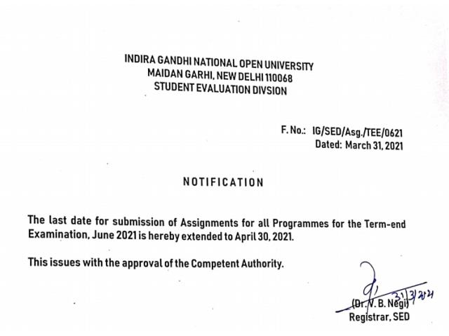 IGNOU June TEE 2021 Assignment Submission deadline