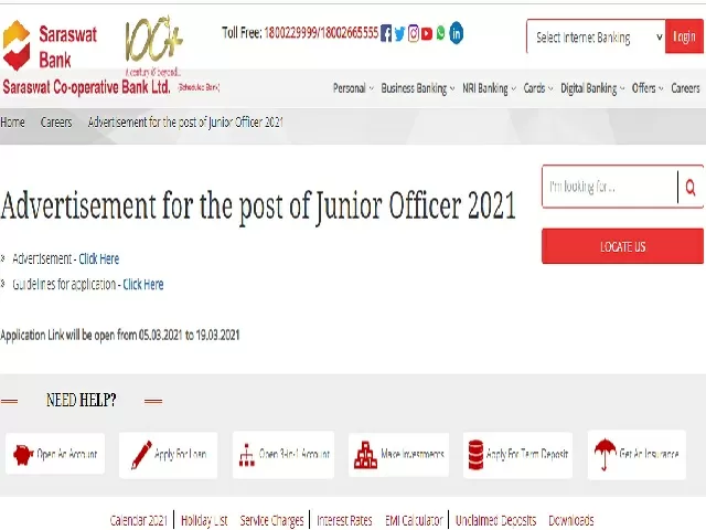 Saraswat Bank Junior Officer Recruitment 2021