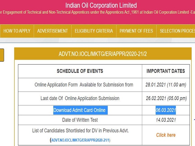 IOCL Admit Card 2021 Out: Download Eastern Region Non Technical and Technical Apprentice Call Letter @iocl.com